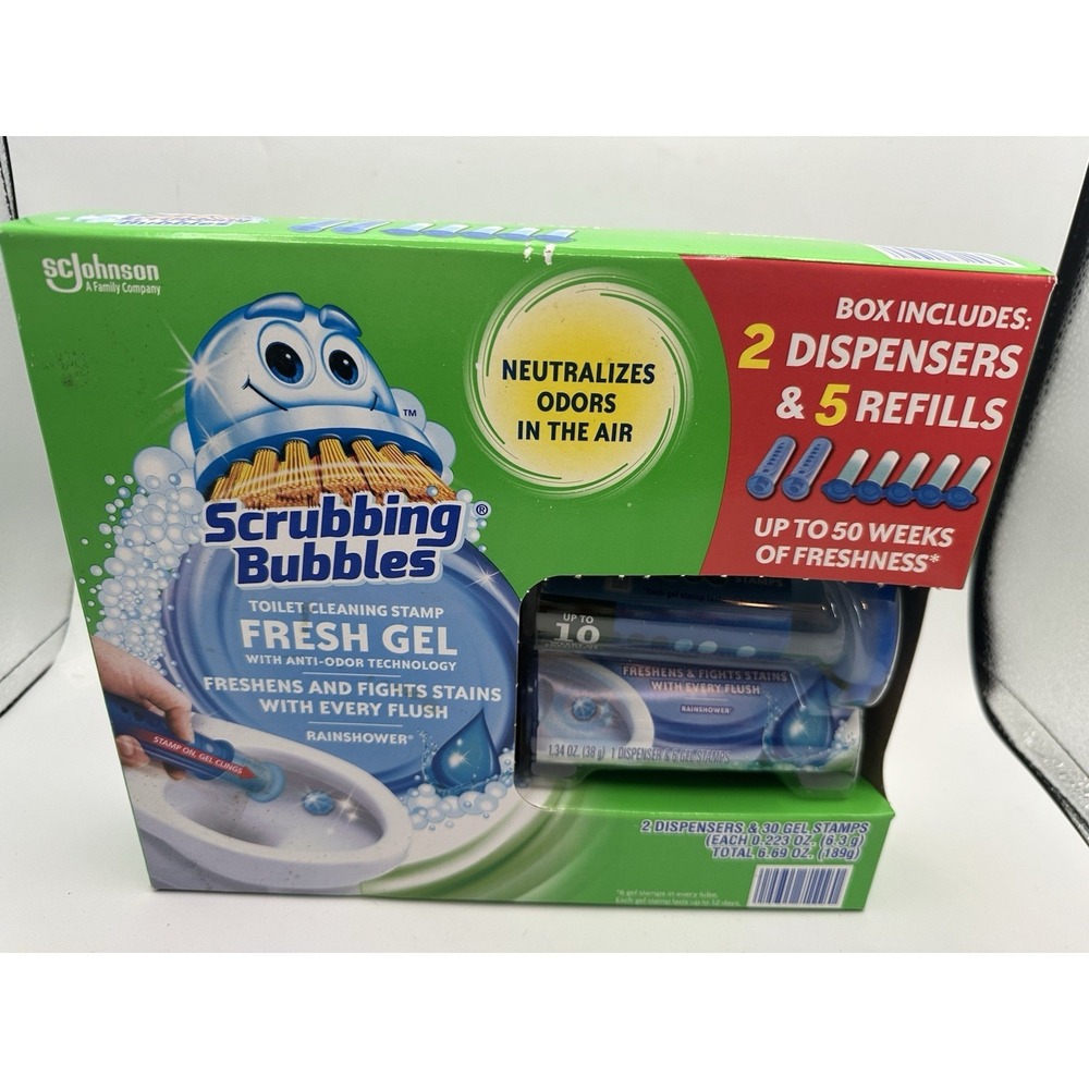 ⚡️Scrubbing Bubbles Toilet Gel Stamp, Rainshower (2 Dispensers + 30 Gel Stamps)